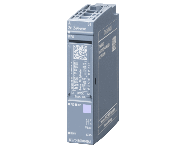 Siemens SIMATIC 6ES7134-6GB00-0BA1  200SP, Analog input module, AI 2xI 2-/4-wire Standard, Pack quantity: 1 unit, suitable for BU type A0, A1, Color code CC05, Module diagnostics, 16 bit